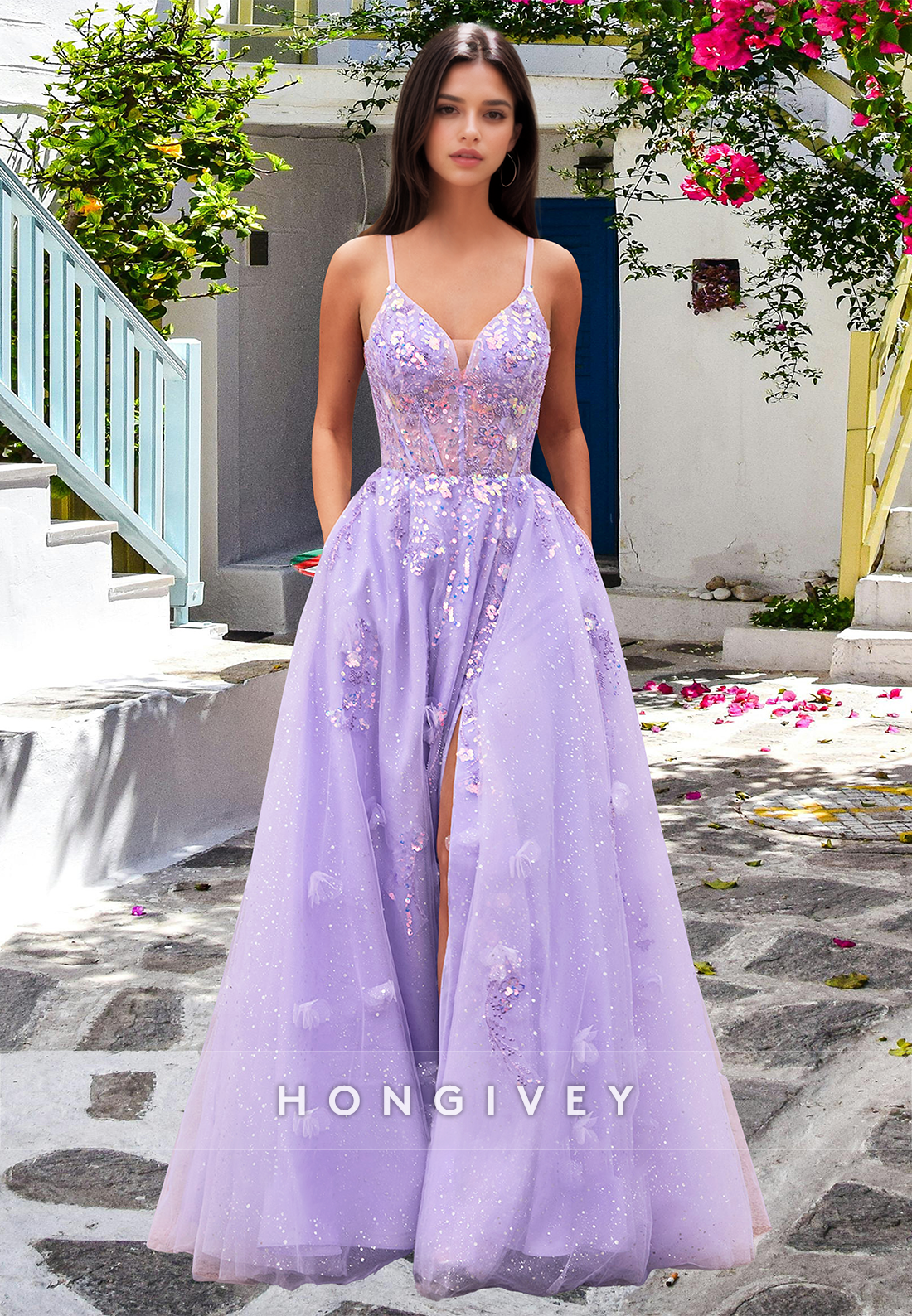 Spring Floral Lilac Spaghetti Straps Tulle A-Line Homecoming Prom Dress Ball Gown