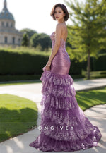 Sparkle Sequined Tiered Evening Dress Purple Strapless Tulle Party Prom Gown