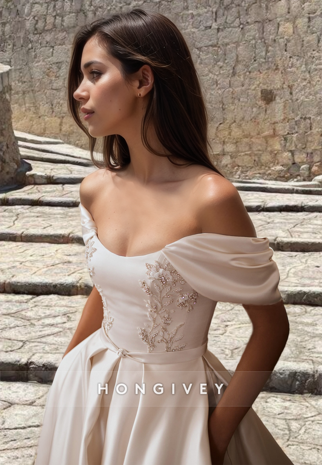 Sexy Satin A-Line Off-Shoulder Empire Beaded Embroidery With Pockets Train Wedding Dress