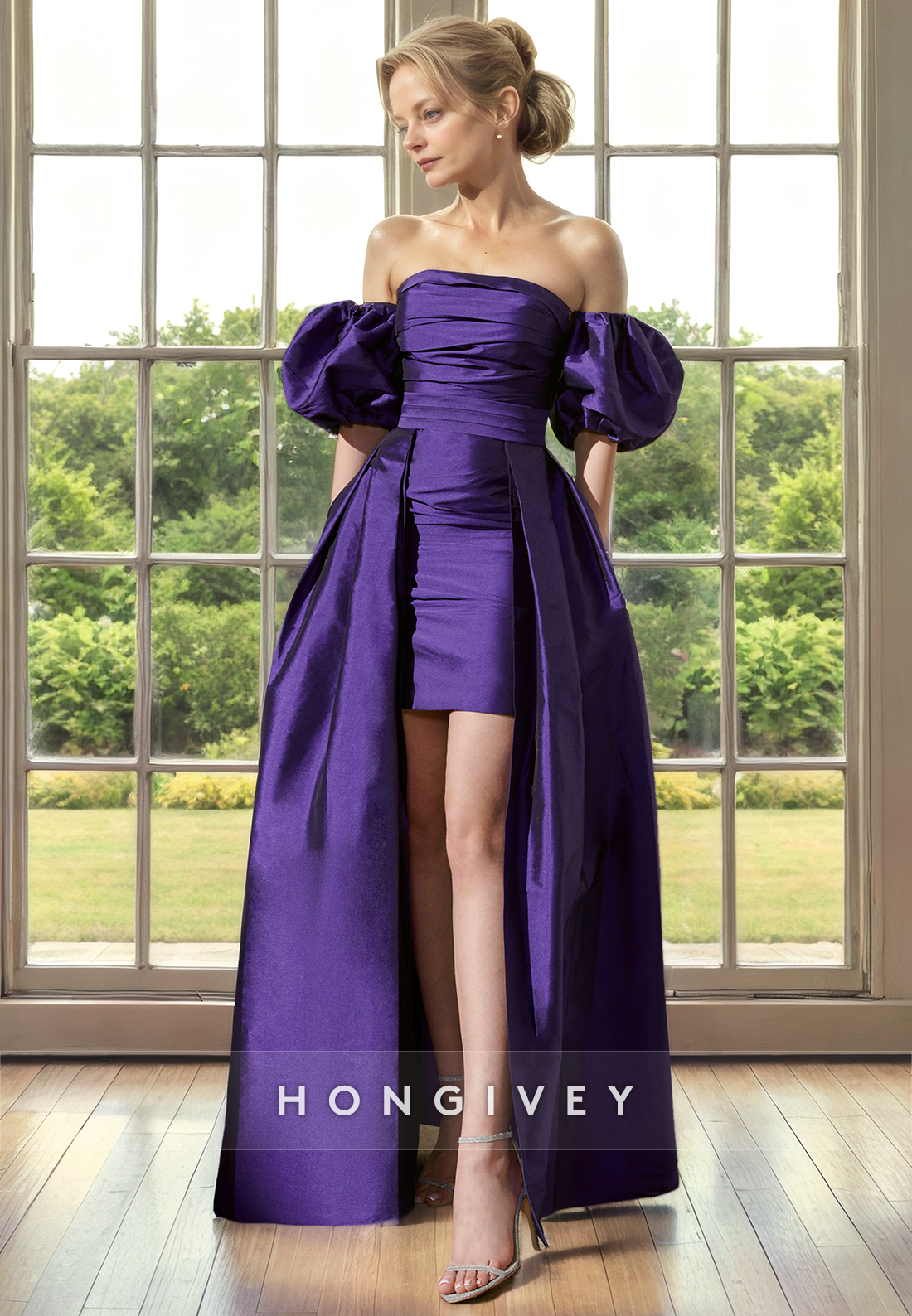 Satin Strapless Puff Sleeves With Detachable Overlay Mother of the Bride Dress