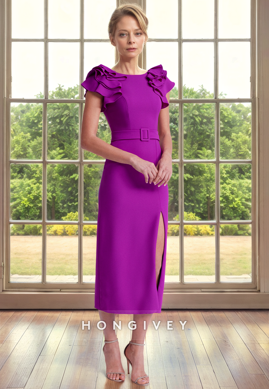 Satin Fitted Scoop Ruffled With Slit Mother of the Bride Dress