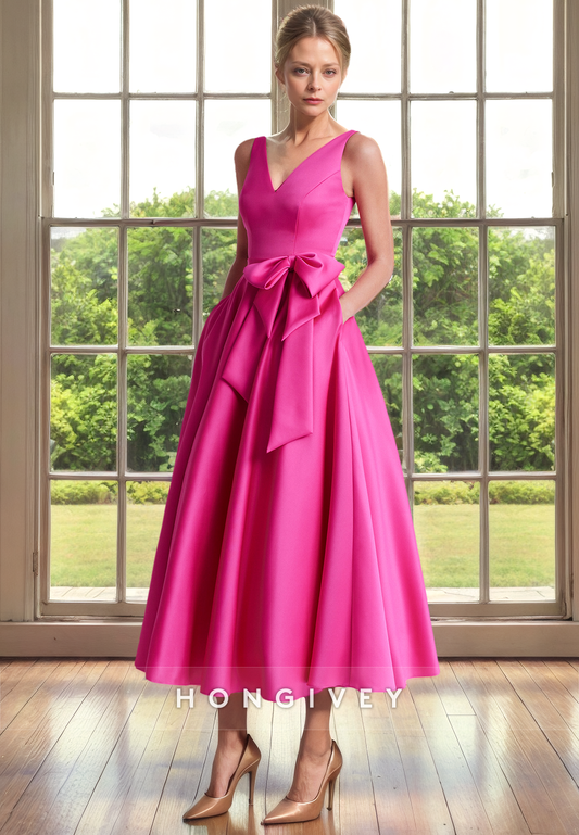 A-Line V-Neck Sleeveless Empire Bowknot Satin Mother of the Bride Dress