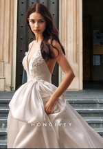 Sexy V-Neck A-Line Satin Bow with Train Wedding Dress Bride Gown HONGIVEY