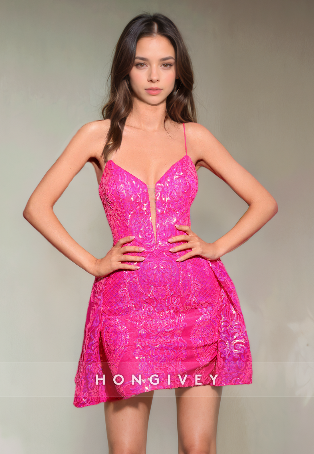 Satin A-Line Spaghetti Straps Lace Applique Short Party Homecoming Dress