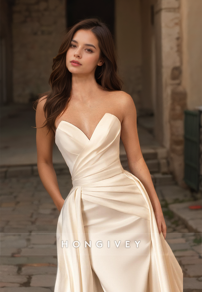 Sexy Satin A-Line Sweetheart Sleeveless  Empire Ruched With Overskirt Train Wedding Dress