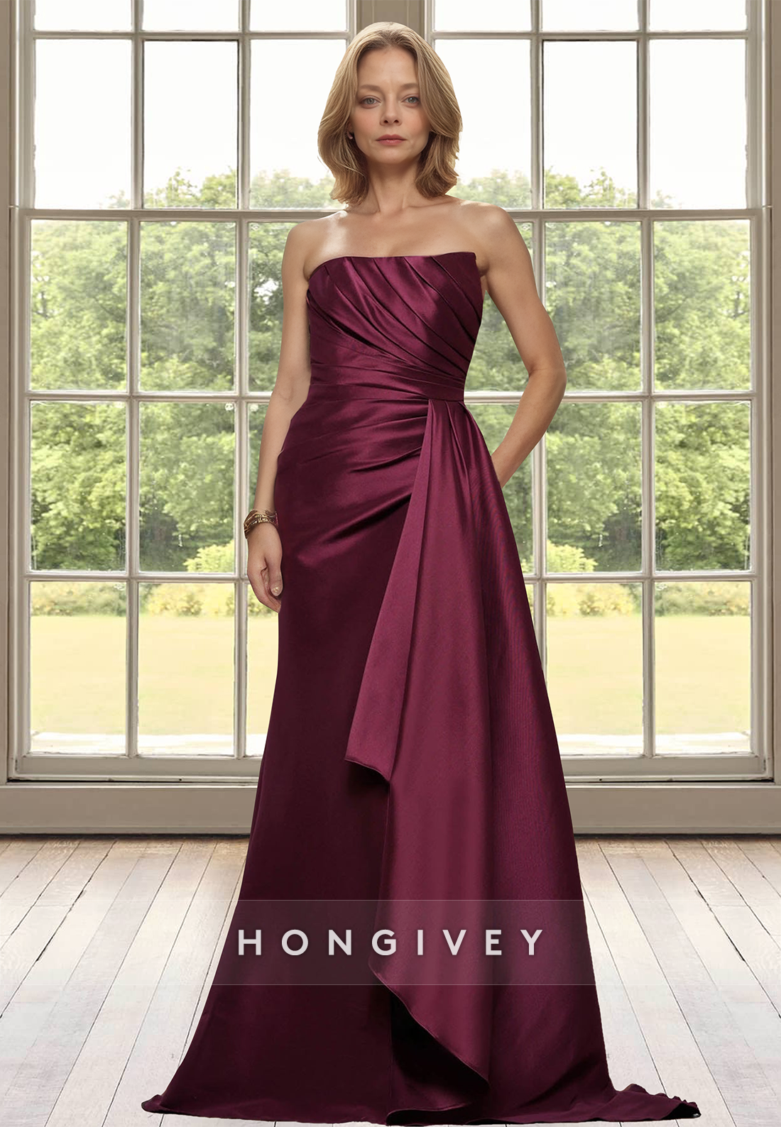 Strapless Burgundy Ruched A-Line Satin Mother of the Bride Wedding Guest Dress