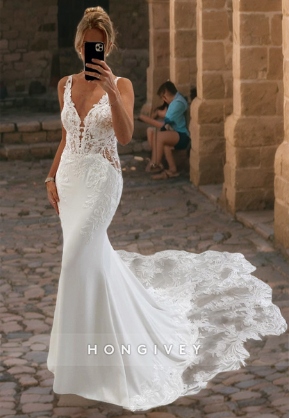 V-Neck Spaghetti Straps Lace Applique Trumpet Beach Wedding Dress