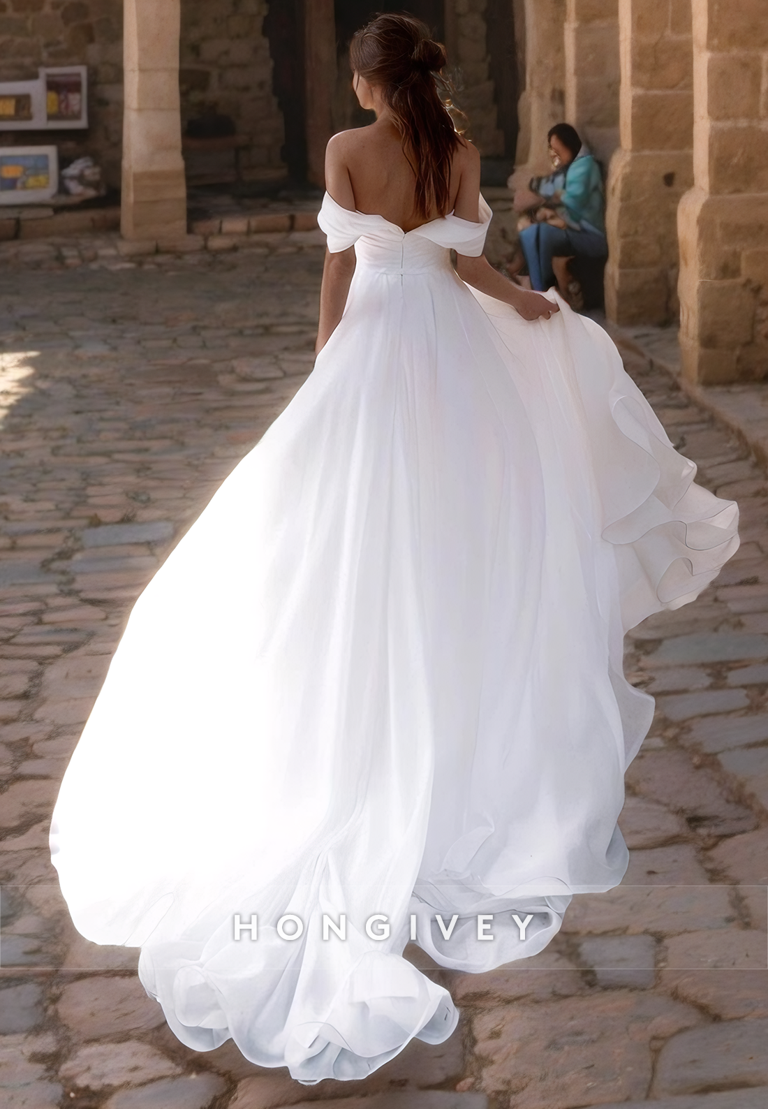 Off-Shoulder Tulle A-Line Side Slit Wedding Dress with Train Bride Gown HONGIVEY