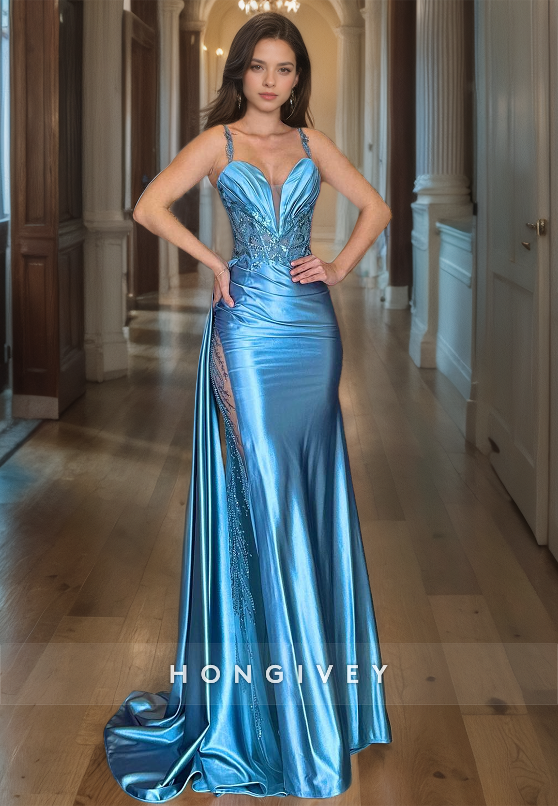 Sexy Satin Fitted Plunging V-Neck Spaghetti Straps Empire Ruched With Train Party Prom Evening Dress