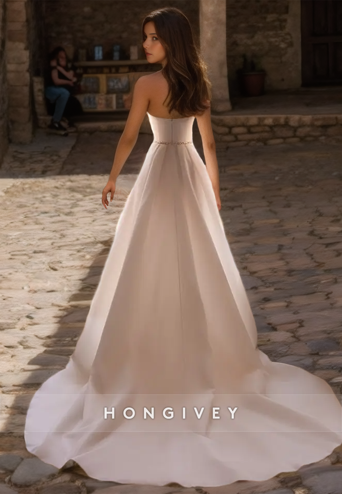 Sexy Satin A-Line Strapless Sleeveless Empire With Side Slit Train Wedding Dress