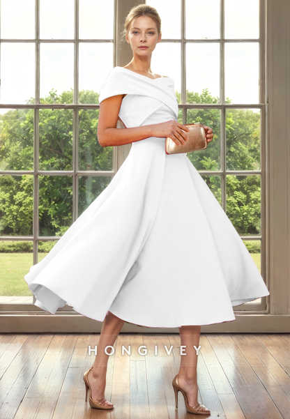 A-Line Off-Shoulder Sleeveless Ruched Tea-Length Cocktail Evening Dress