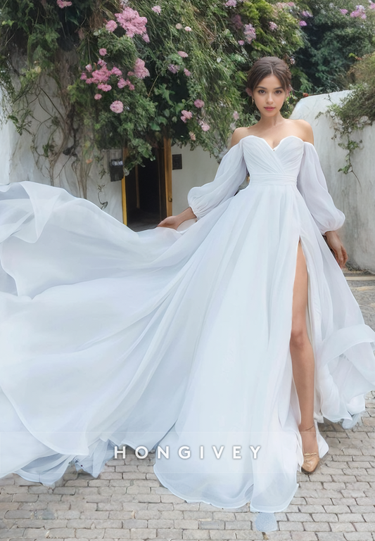 Strapless Long Sleeves Tulle Wedding Dress Sweetheart A-Line with Train Bride Gown