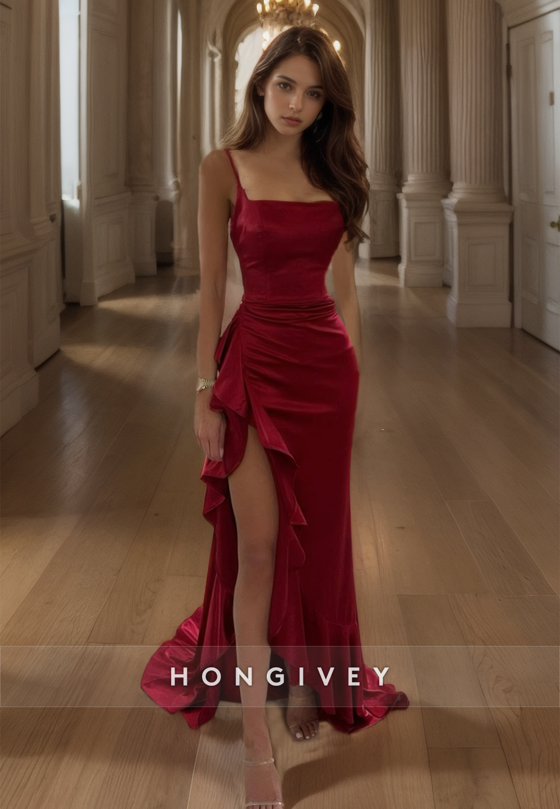 Sexy Claret Sheath Evening Dress with Train Side Slit Straps Satin Party  Dress