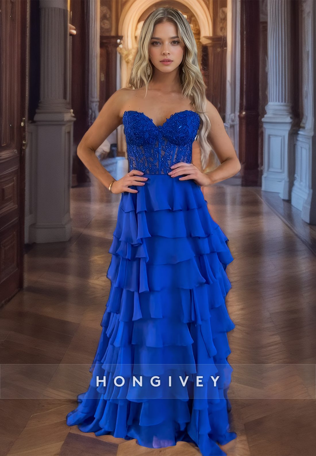 HONGIVEY Glitter Tiered Strapless Royal Blue A-Line Prom Dress Party Gown Floor-Length