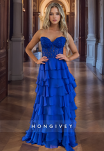 HONGIVEY Glitter Tiered Strapless Royal Blue A-Line Prom Dress Party Gown Floor-Length