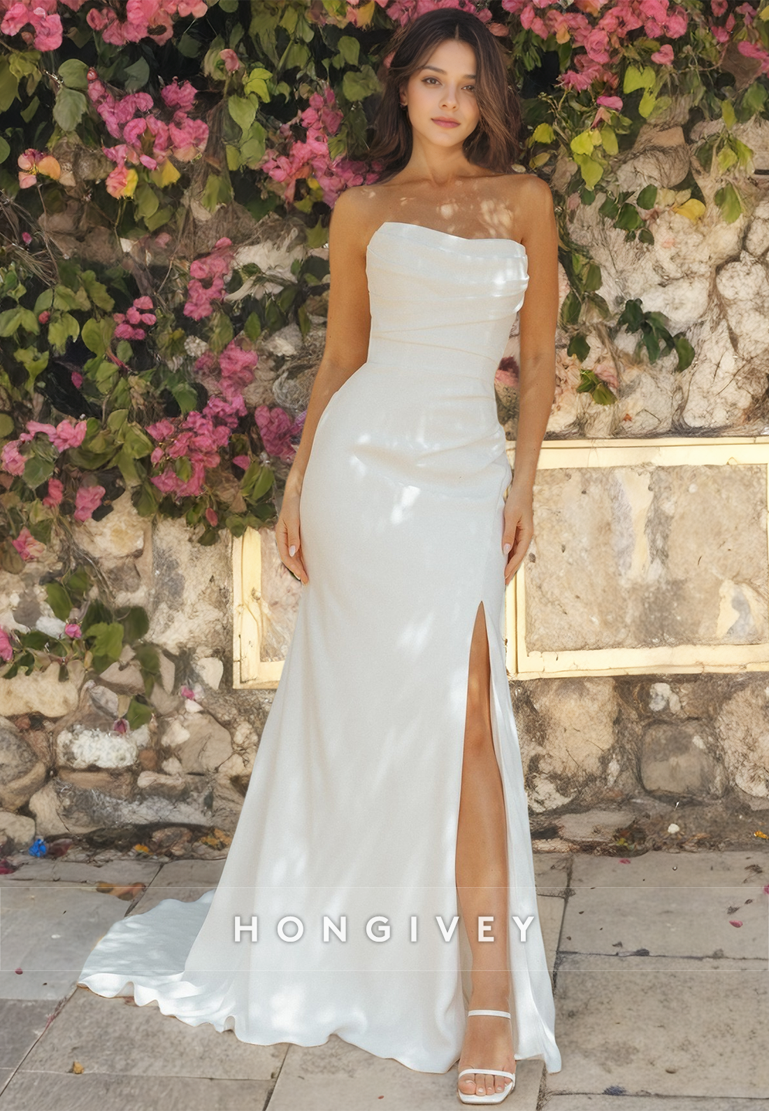 Simple Trumpet Strapless Sleeveless Empire Ruched With Side Slit Beach Wedding Dress