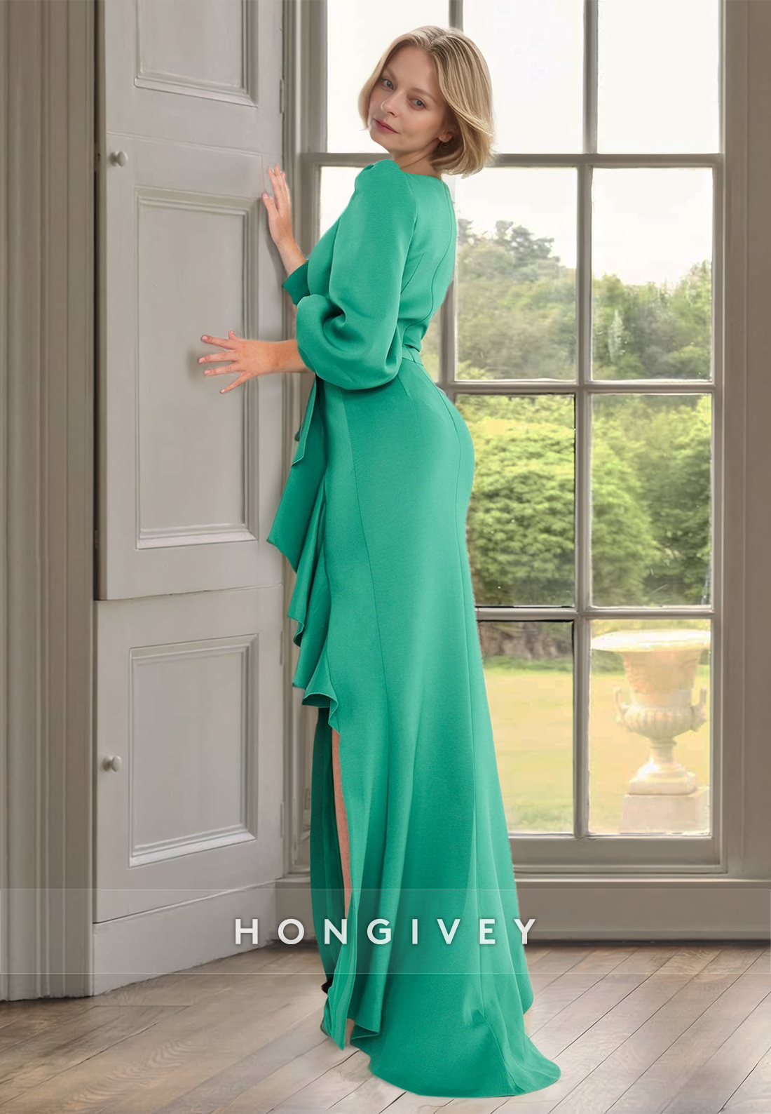 Chic Ruffles V-Neck Long Sleeves with Slit Wedding Guest Dress HONGIVEY