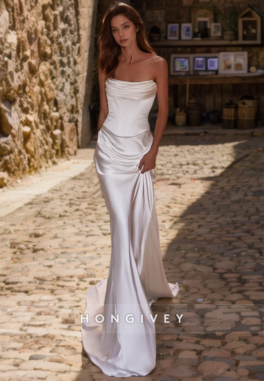 HONGIVEY Strapless Satin Mermaid Wedding Dress Side Slit Simple Ruched Bride Gown