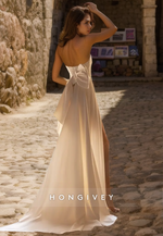 Sexy Satin A-Line Sleeveless Strapless Ruched With Side Slit Train Wedding Dress