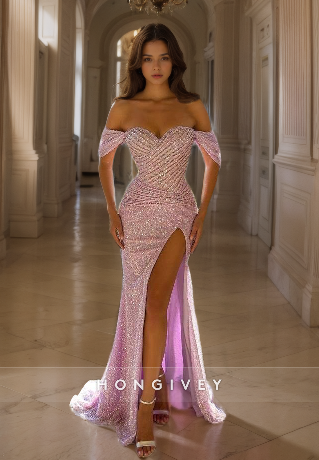 HONGIVEY Sparkle Pink Sequins Evening Dress Elegant Off-Shoulder Side Slit Mermaid Prom Gown