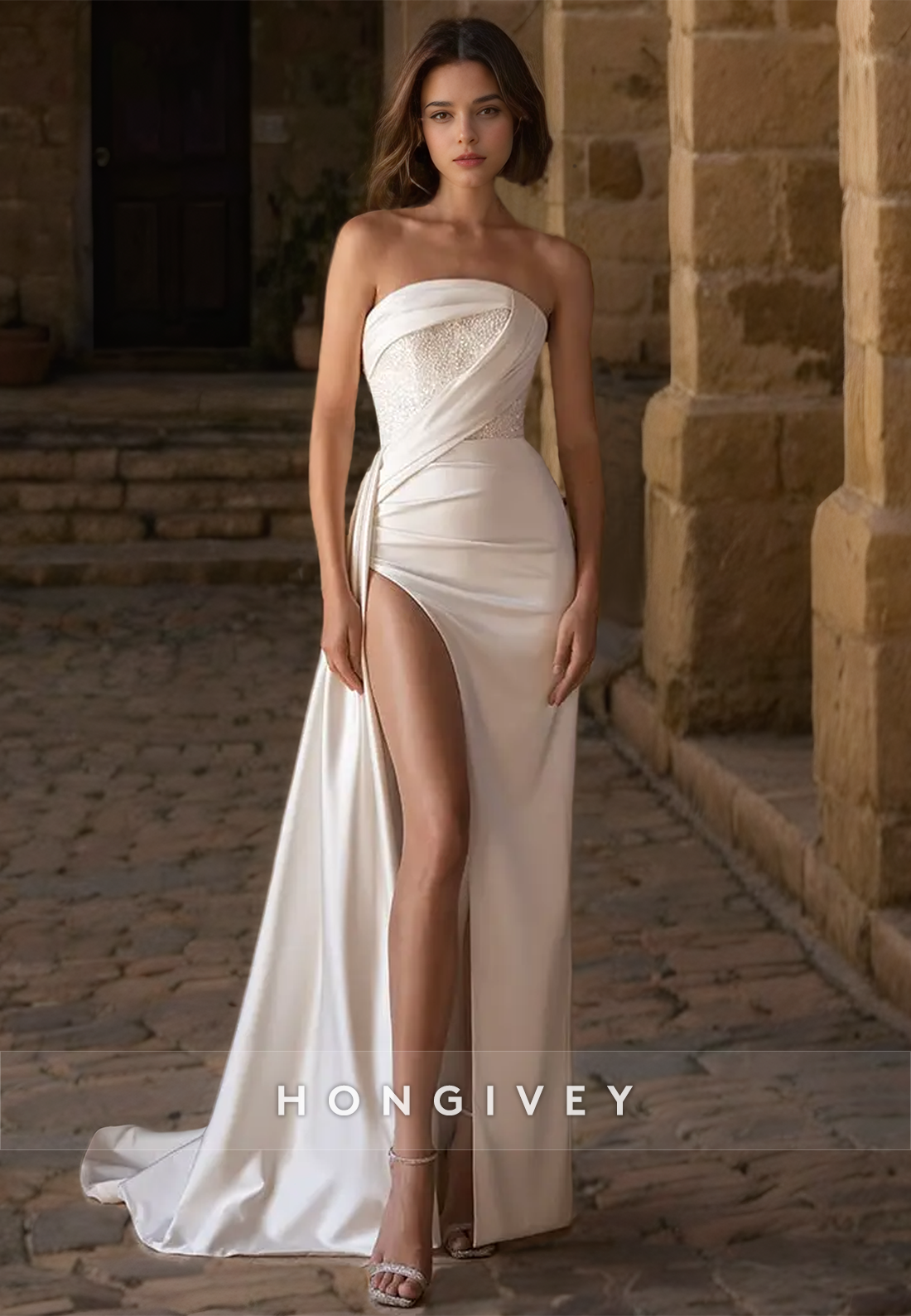 Sexy Satin A-Line Sleeveless Strapless Ruched With Side Slit Train Wedding Dress