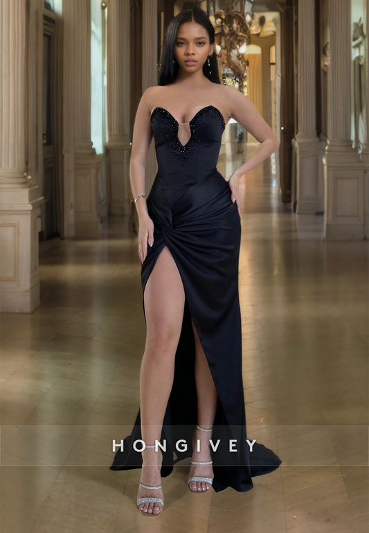 Sexy Black Strapless with Side Slit Beaded Satin Evening Dress Formal Party Gown