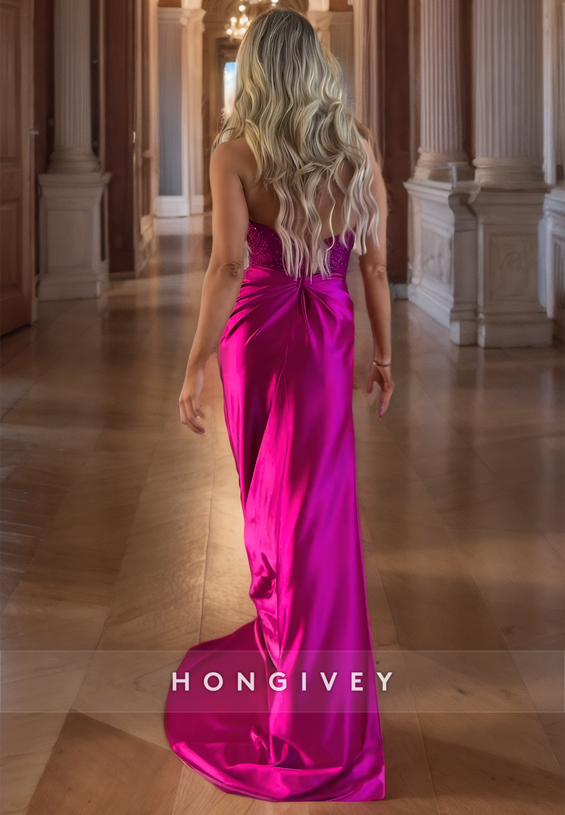 HONGIVEY Sexy V-Neck Backless Fuchsia Side Slit Mermaid Evening Dress Formal Gown