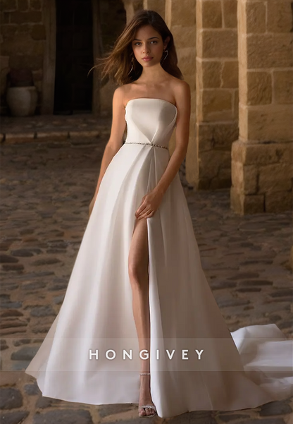 Sexy Satin A-Line Strapless Sleeveless Empire With Side Slit Train Wedding Dress