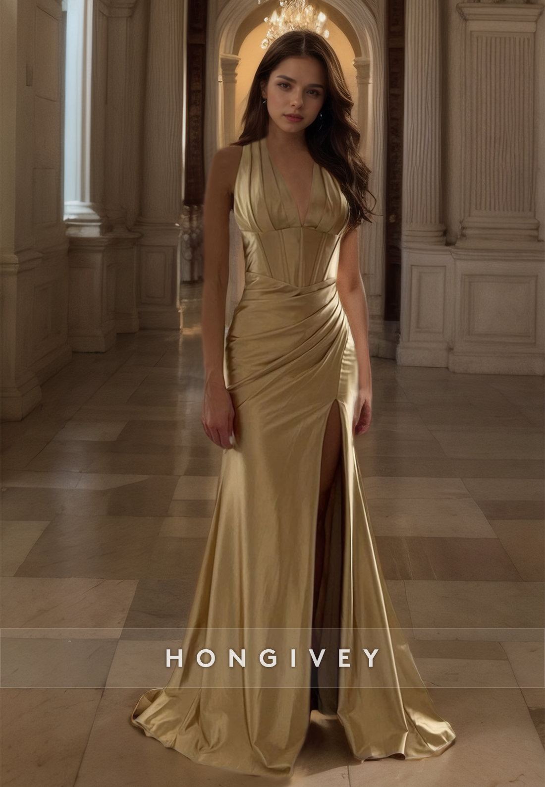 Luxurious Sexy Gold V-Neck Formal Evening Dress Sleeveless Empire Party Prom Gown