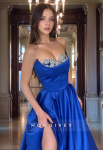 Satin A-Line Strapless Beaded Empire With Side Slit Long Prom Dress