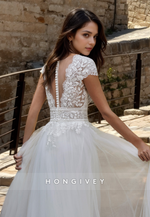 A-Line Lace V Neck Wedding Dress with Short Sleeves Buttons Tulle Long Bridal Princess Dress