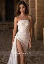 Sexy Satin A-Line Sleeveless Strapless Ruched With Side Slit Train Wedding Dress