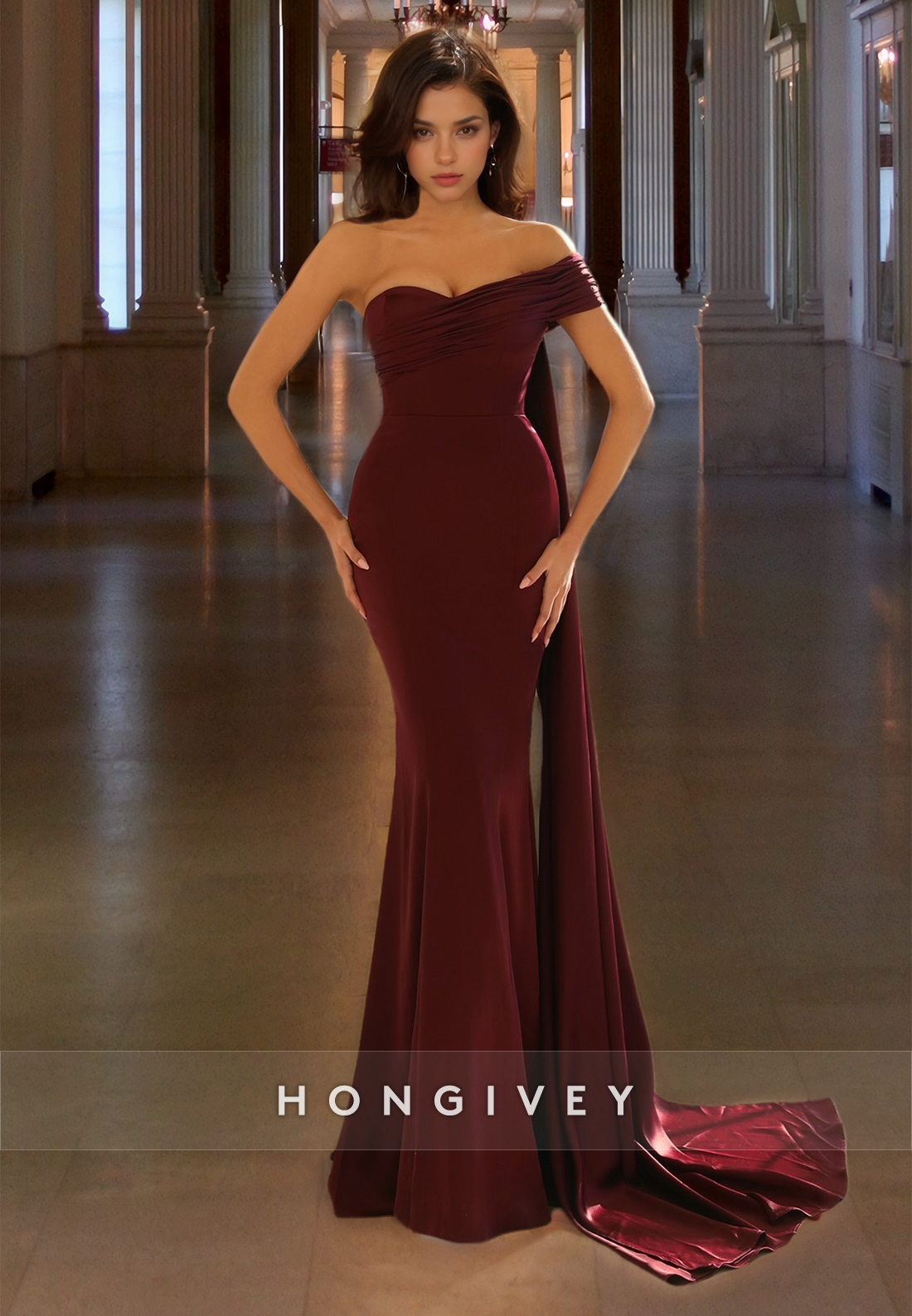 Elegant Formal Mermaid Evening Dress with Cape One Shoulder Burgundy Floor Length Prom Gown