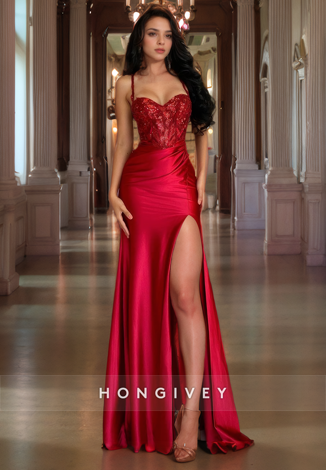 Sexy Sweetheart Satin Cocktail Party Dress Spaghetti Straps Sequins Prom Dresses