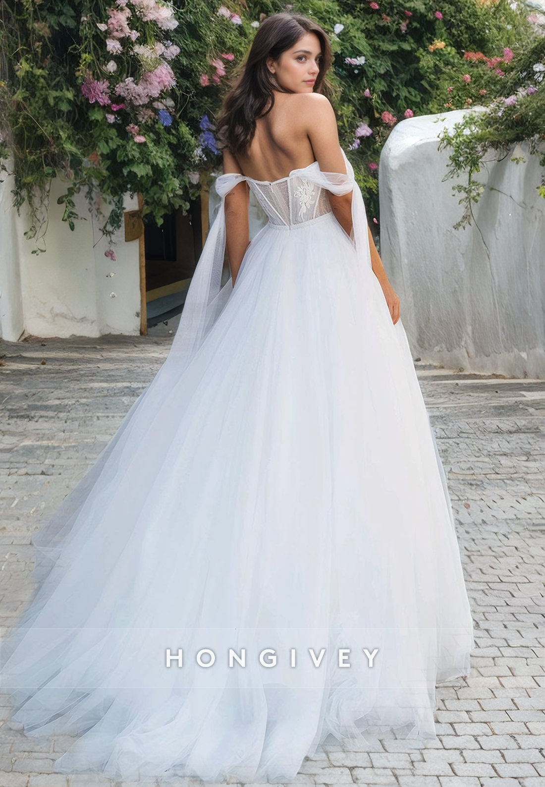 Tulle Off-Shoulder A-Line Wedding Dress Applique Sweetheart Floor-Length Bride Gown