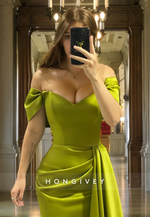 Classic Green Off-Shoulder Sheath with Train Satin Evening Dress Formal Party Gown