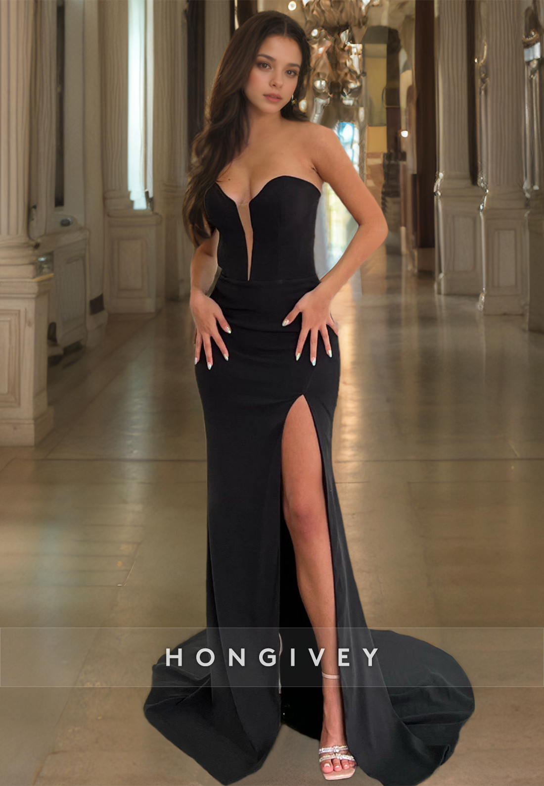 HONGIVEY Strapless Sweetheart with Side Slit Satin Evening Dress Formal Party Gown