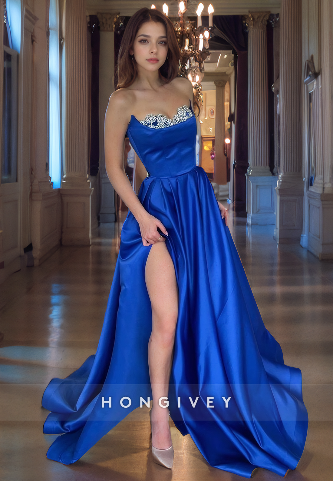 Satin A-Line Strapless Beaded Empire With Side Slit Long Prom Dress