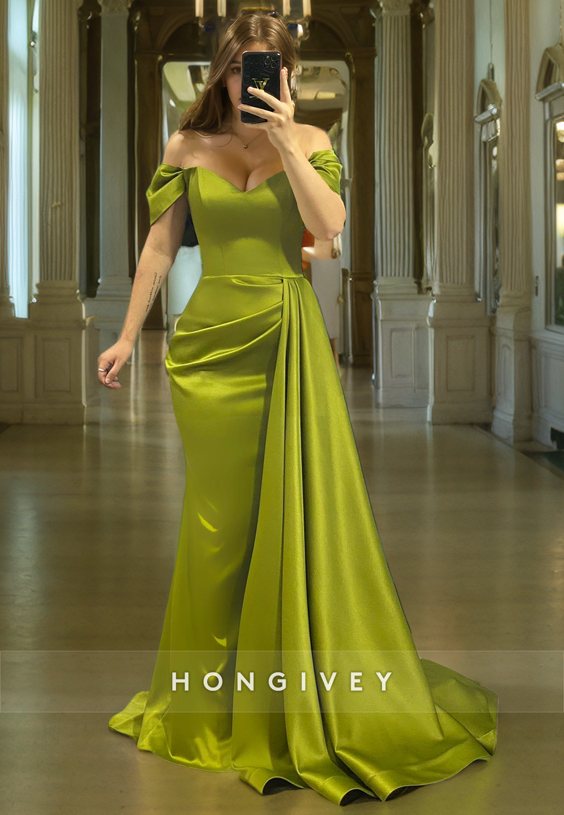 Classic Green Off-Shoulder Sheath with Train Satin Evening Dress Formal Party Gown