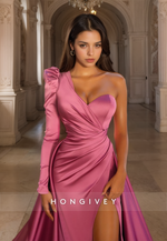 HONGIVEY Solid One Shoulder Evening Dress with Train Classic Side Slit Satin Prom Gown