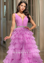 SexyA-Line Tulle Plunging  V-Neck Straps Empire Tiered Party Prom Evening Dress