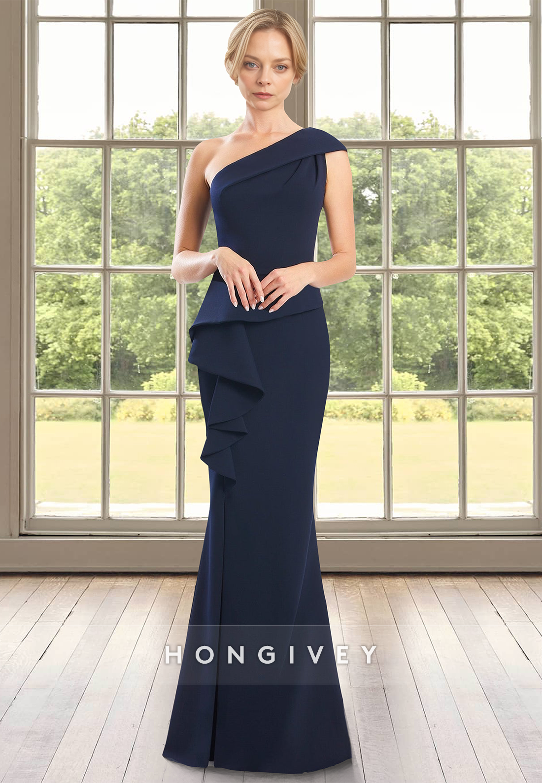 One Shoulder Trumpet Long Simple Mother of the Bride Wedding Guest Dress