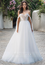 Tulle Off-Shoulder A-Line Wedding Dress Applique Sweetheart Floor-Length Bride Gown