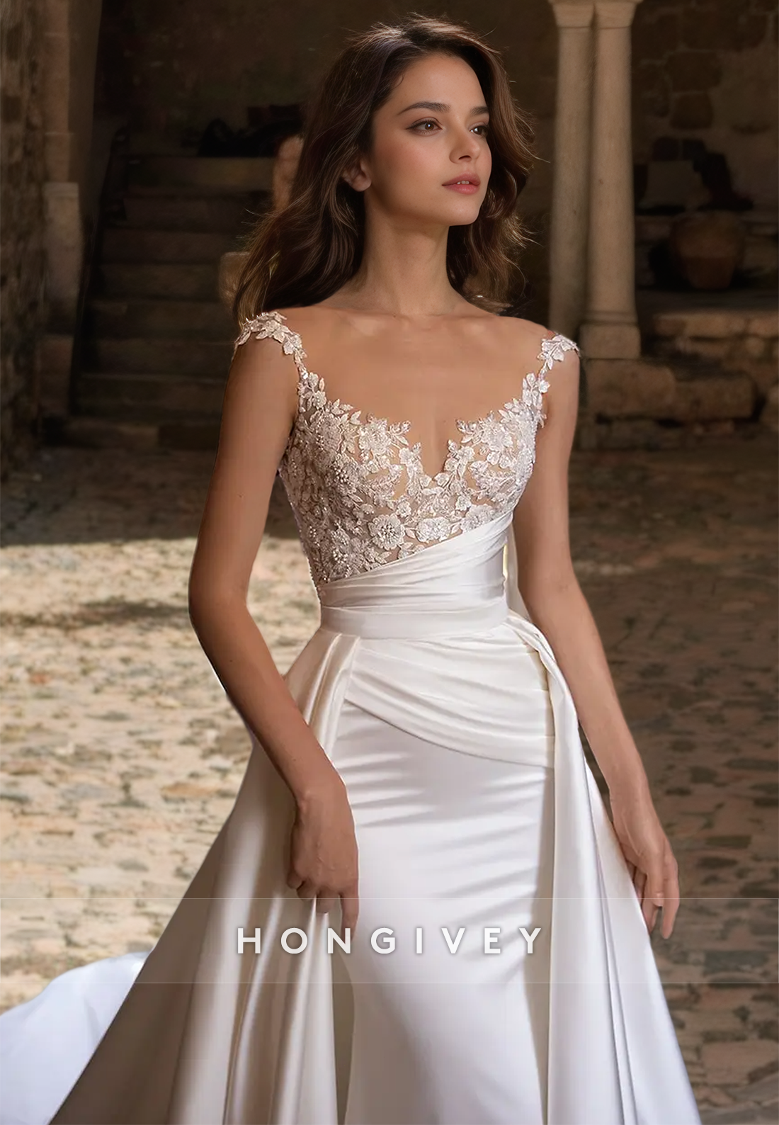 Sexy Fitted Satin Sweetheart Spaghetti Straps Appliques Ruched With Overlay Train Wedding Dress