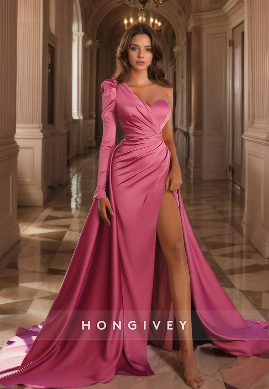 HONGIVEY Solid One Shoulder Evening Dress with Train Classic Side Slit Satin Prom Gown