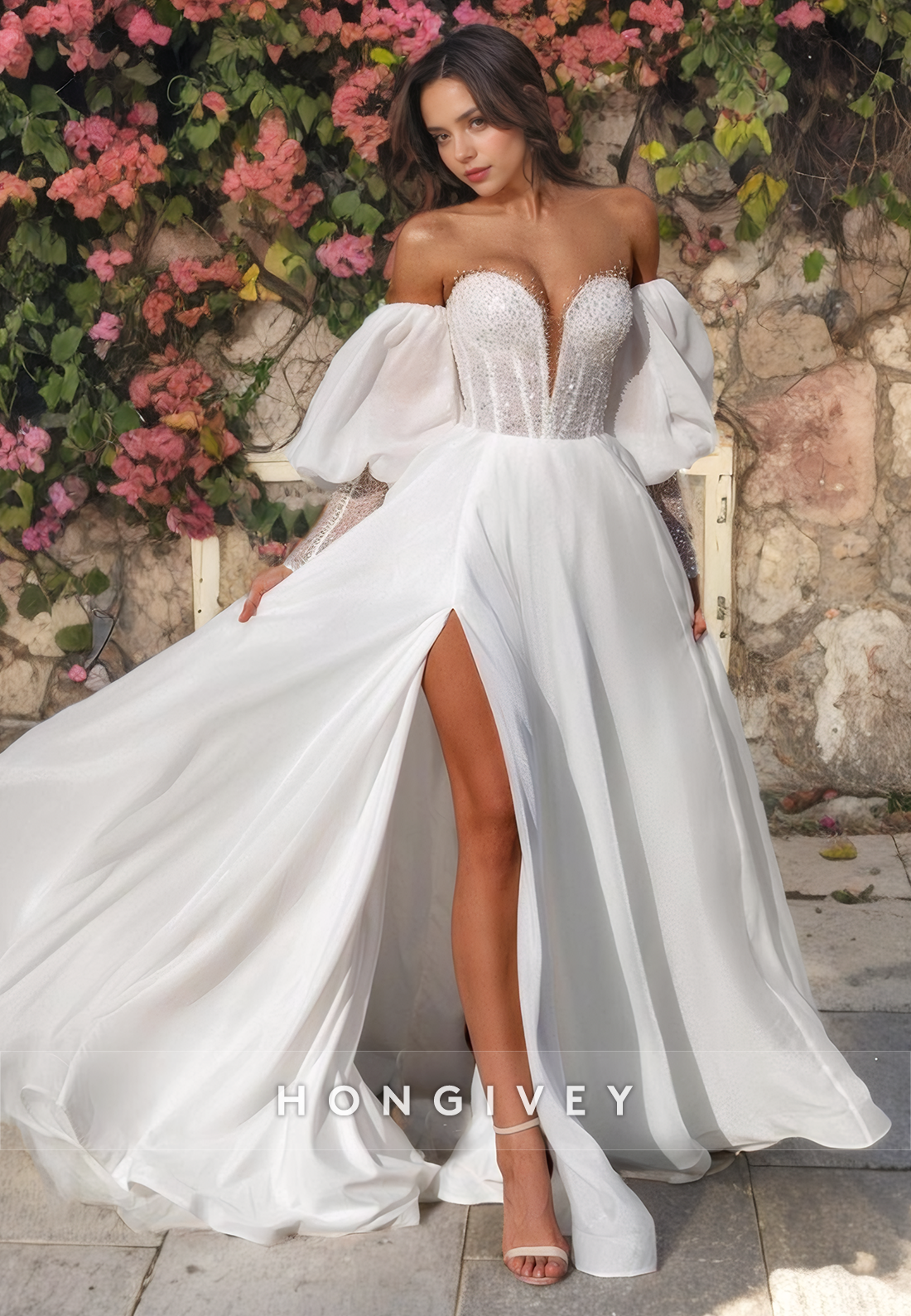 Sexy A-Line Satin Sweetheart With Long Bell Sleeves Empire Beaded With Side Slit Wedding Dress