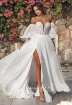 Sexy A-Line Satin Sweetheart With Long Bell Sleeves Empire Beaded With Side Slit Wedding Dress