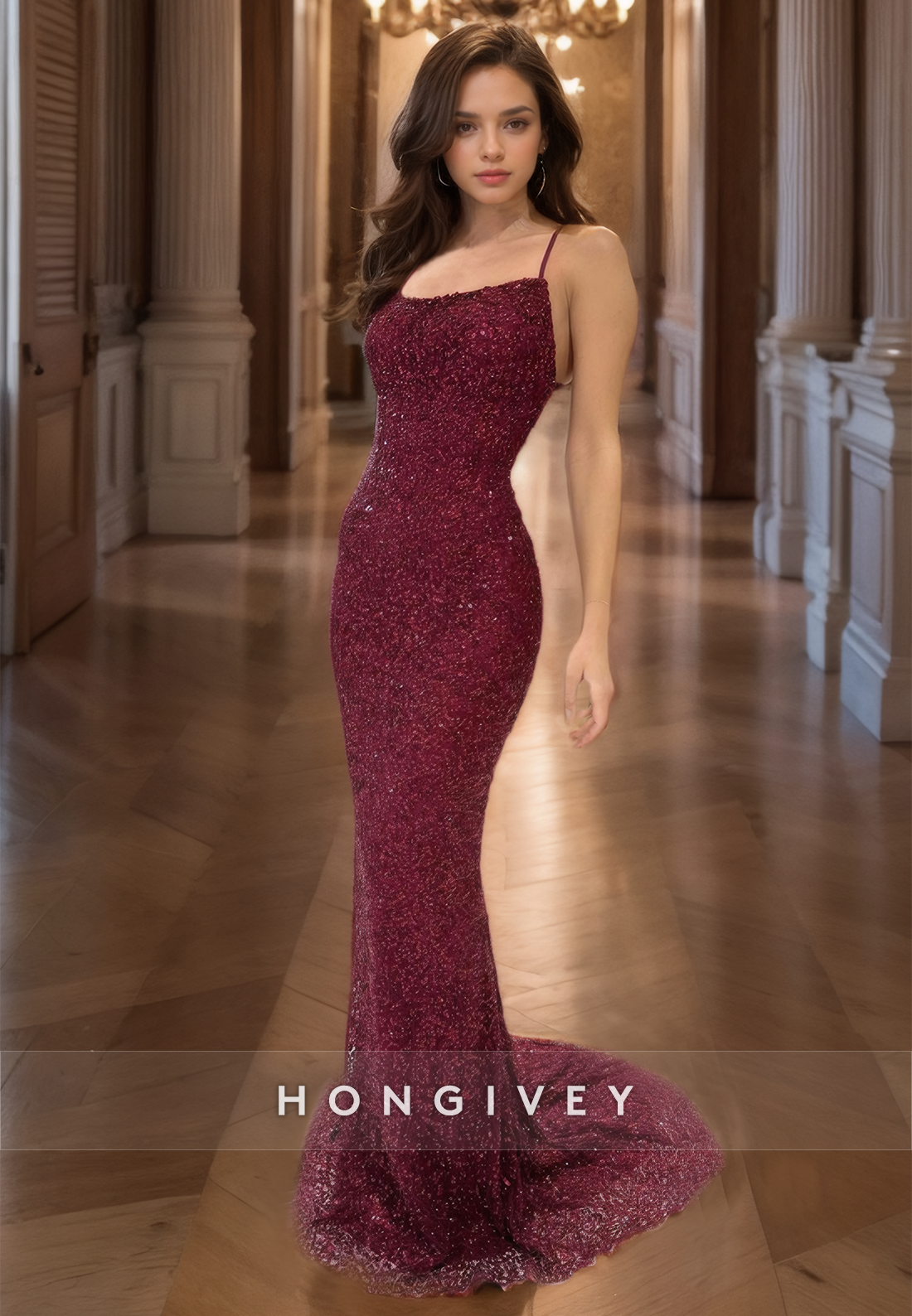 HONGIVEY Sparkle Sequined Dark Red Mermaid Evening Dress Straps Square Formal Gown