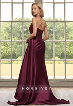 Strapless Burgundy Ruched A-Line Satin Mother of the Bride Wedding Guest Dress