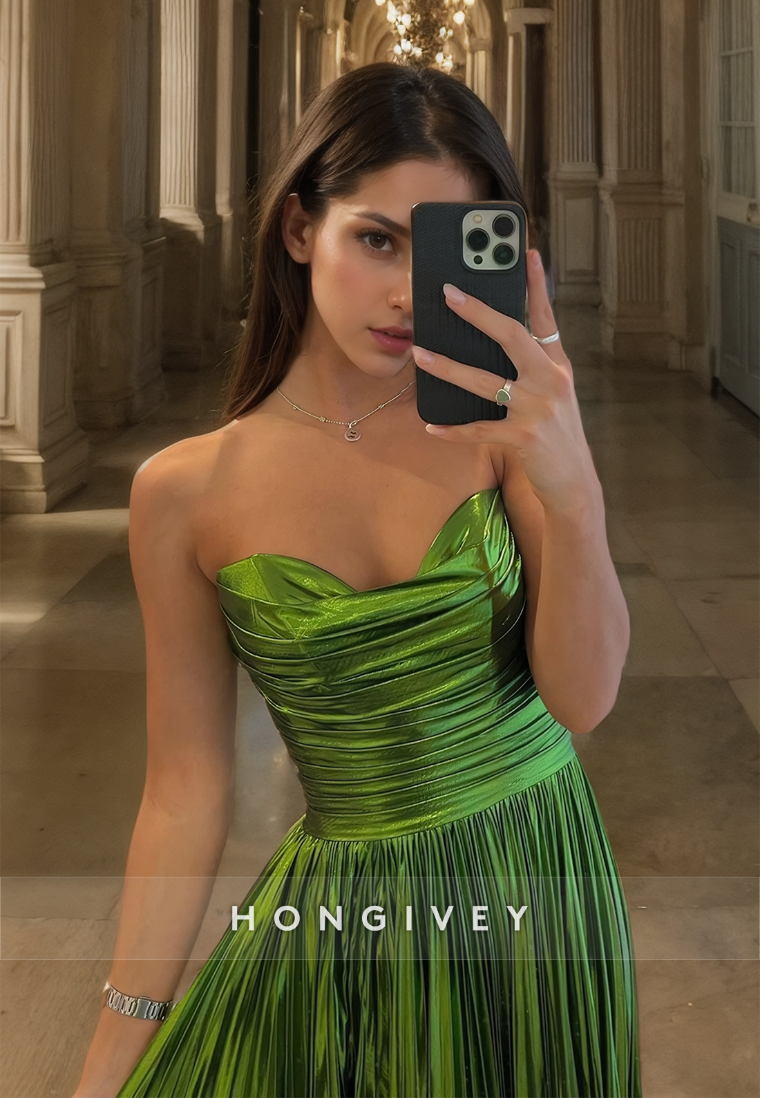 HONGIVEY Strapless Green Evening Dress with Side Slit Prom Gown Homecoming Ball Gown